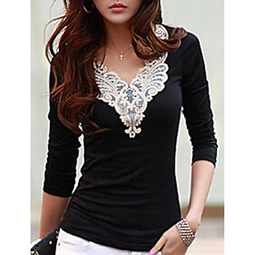 

Women's Embroidery Black & White T-shirt Going out Weekend V Neck White / Black