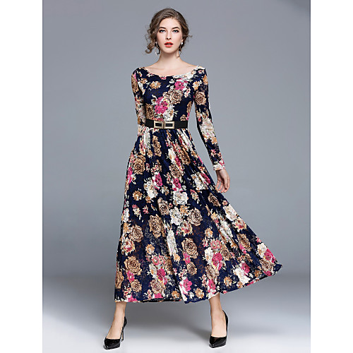 

Women's Swing Dress Maxi long Dress Navy Blue Long Sleeve Floral Fall Round Neck Streetwear Party S M L XL XXL