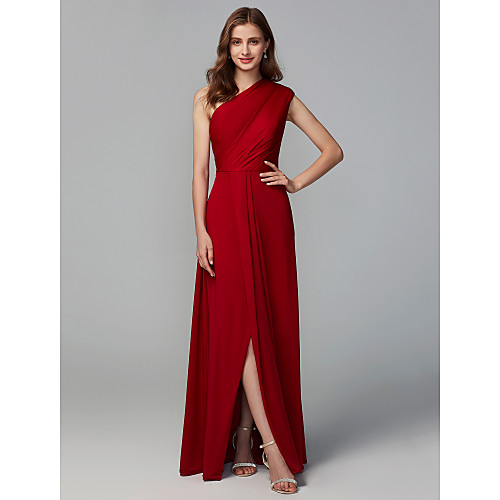 

A-Line One Shoulder Floor Length Jersey Bridesmaid Dress with Ruching