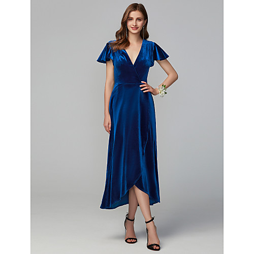 

A-Line V Neck Asymmetrical Velvet Bridesmaid Dress with Split Front