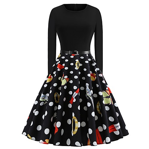 

Audrey Hepburn Polka Dots Retro Vintage 1950s Dress Women's Costume Black Vintage Cosplay Homecoming Long Sleeve Knee Length / 1 Belt / 1 Belt