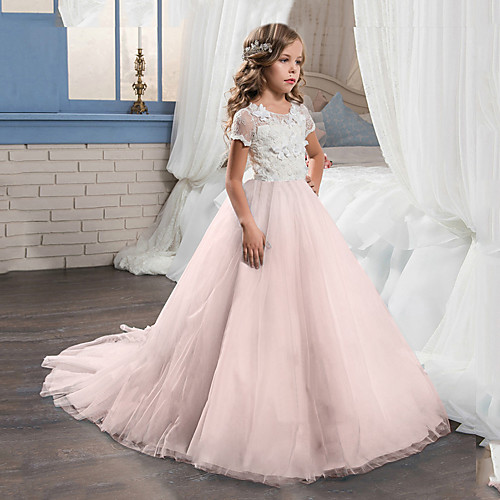 

Ball Gown Sweep / Brush Train Party / Wedding Flower Girl Dresses - Tulle Short Sleeve Jewel Neck with Bow(s)