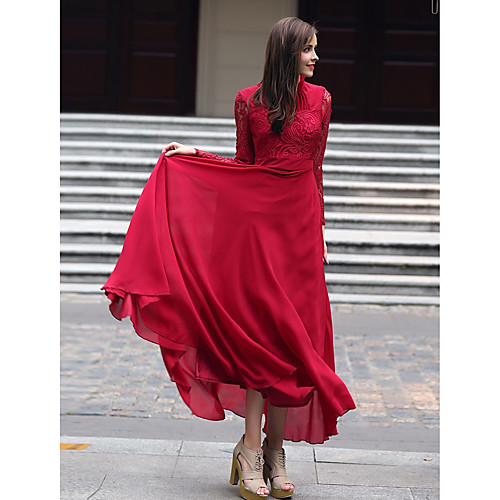 

Women's Swing Dress Maxi long Dress Wine Long Sleeve Solid Colored Fall Stand Collar Party S M L XL