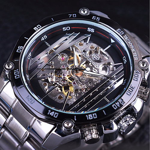 

Men's Skeleton Watch Mechanical Watch Quartz Stainless Steel Black / White Hollow Engraving Large Dial Analog Casual Fashion - White Black