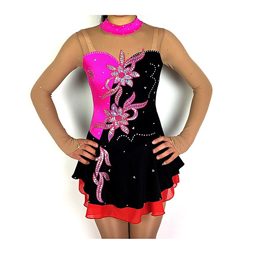 

Figure Skating Dress Women's Girls' Ice Skating Dress Rose Red Patchwork Spandex Stretch Yarn High Elasticity Competition Skating Wear Classic Long Sleeve Figure Skating