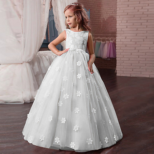 

Princess Long Length Wedding / First Communion / Pageant Flower Girl Dresses - Tulle / Mikado Sleeveless Jewel Neck with Appliques