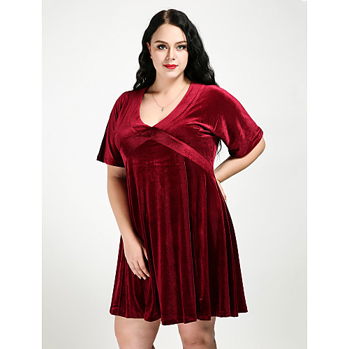 

Women's A Line Dress Short Mini Dress Wine Short Sleeve Solid Colored Fall V Neck Streetwear Velvet Velvet L XL XXL 3XL 4XL 5XL 6XL 7XL / Plus Size / Plus Size
