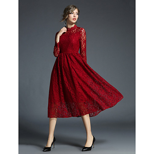 

Women's A Line Dress Midi Dress Wine Long Sleeve Solid Colored Hollow Embroidered Ruched Lace Holiday Spring Round Neck Vintage Streetwear Work Embroidery S M L XL XXL / Floral