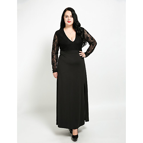 

Women's A Line Dress Maxi long Dress Black Long Sleeve Patchwork Lace Fall V Neck Cotton L XL XXL 3XL 4XL 5XL 6XL 7XL / Plus Size / Plus Size
