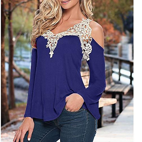 

Women's T shirt Solid Colored Plus Size Patchwork Long Sleeve Daily Tops Cotton Basic Black Blue Wine