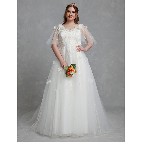 

A-Line Wedding Dresses V Neck Court Train Lace Tulle Half Sleeve Romantic Boho Illusion Detail Plus Size with Lace Insert 2021