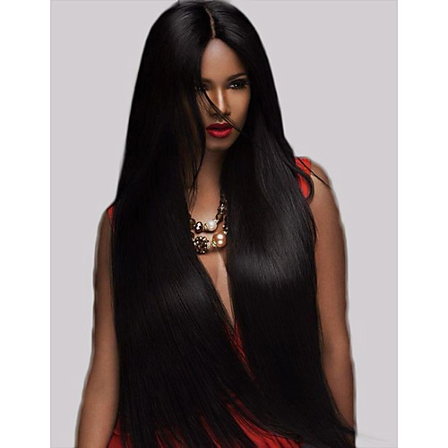 

Remy Human Hair Lace Front Wig Middle Part style Brazilian Hair Yaki Straight Black Wig 250% Density with Baby Hair Gift Thick with Clip Women's Medium Length Human Hair Lace Wig Premierwigs