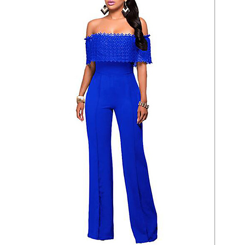 

Women's Going out Off Shoulder Off Shoulder White Black Blue Jumpsuit Solid Colored Lace / Wide Leg