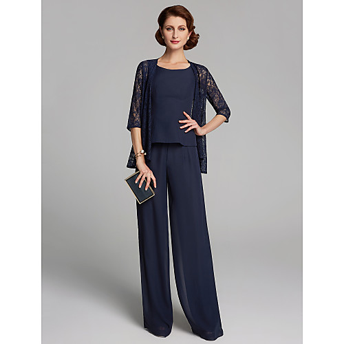 

Two Piece Mother of the Bride Dress Jewel Neck Floor Length Chiffon Lace Sleeveless with Lace 2021