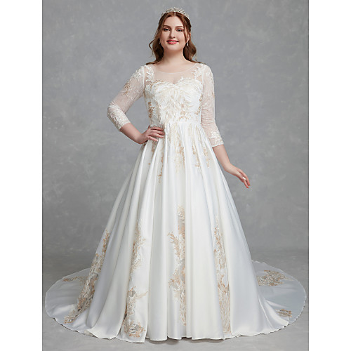 

A-Line Wedding Dresses Scoop Neck Court Train Lace Satin Long Sleeve Romantic Glamorous See-Through Illusion Sleeve with Lace 2021