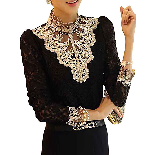 

Women's Blouse Shirt Patchwork Long Sleeve Lace Trims Stand Collar Tops Basic Top Black Beige