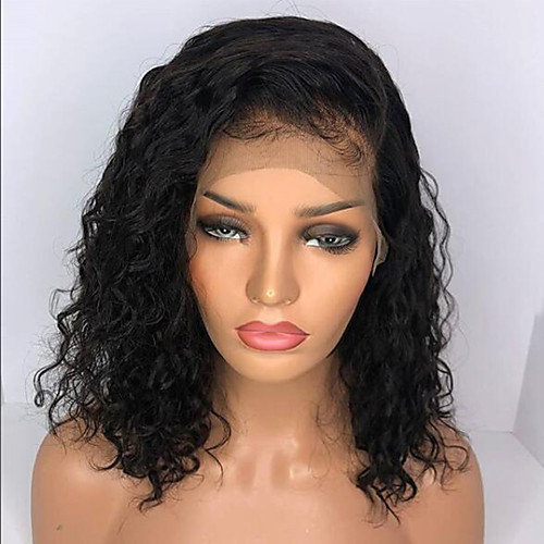 

Human Hair Lace Front Wig Bob Short Bob Rihanna style Brazilian Hair Curly Wavy Black Wig 130% Density with Baby Hair Natural Hairline For Black Women 100% Virgin 100% Hand Tied Women's Short Human