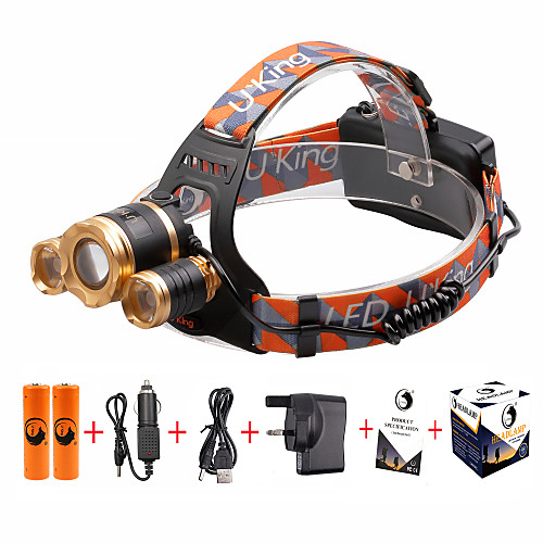 

U'King Headlamps Headlight LED Cree XM-L T6 3 Emitters 4800 lm 4 Mode with Batteries and Charger UK Plug Zoomable, Adjustable Focus, Compact Size Camping / Hiking / Caving, Cycling / Bike