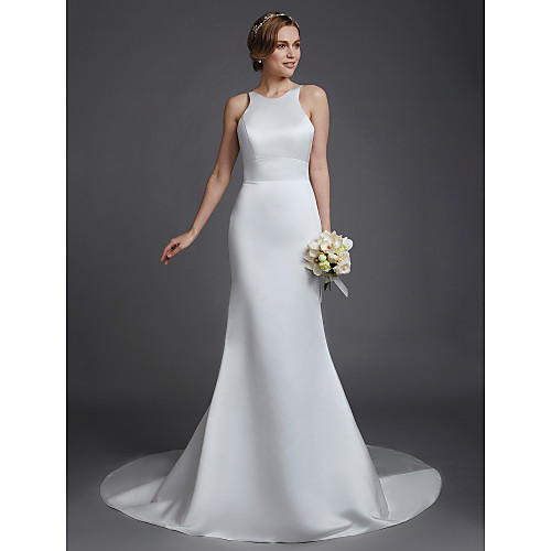

Mermaid / Trumpet Wedding Dresses Jewel Neck Court Train Satin Sleeveless Beautiful Back with Buttons 2021