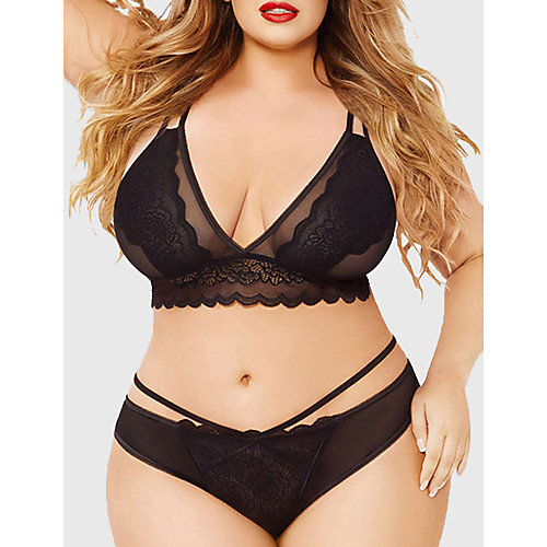 

Women's Lace Wireless Padless 3/4 Cup Bras & Panties Sets Solid Colored Sexy Plus Size Black Blushing Pink