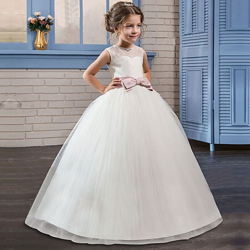 

Princess Long Length Flower Girl Dress - Tulle / Mikado Sleeveless Jewel Neck with Bow(s) by LAN TING Express
