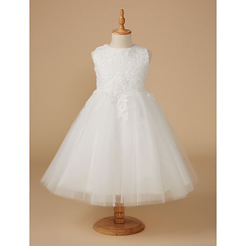 

Ball Gown Knee Length Wedding / First Communion Flower Girl Dresses - Lace / Tulle Sleeveless Jewel Neck with Appliques