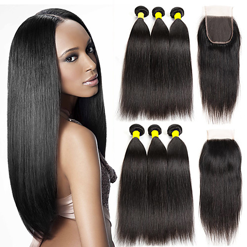 

3 Bundles with Closure Brazilian Hair Straight Virgin Human Hair 345 g Natural Color Hair Weaves / Hair Bulk Costume Accessories Bundle Hair 8-20 inch Natural Color Human Hair Weaves with Baby Hair