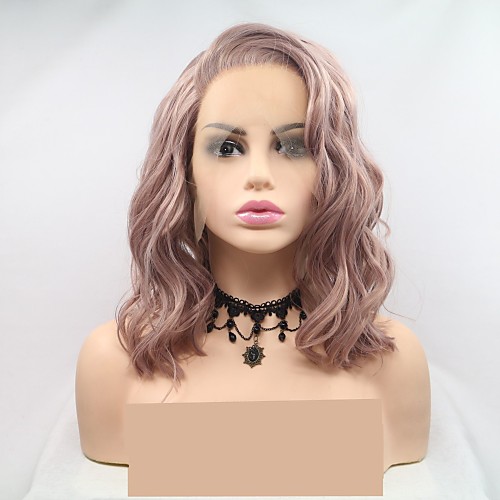 

Synthetic Lace Front Wig Wavy Layered Haircut Lace Front Wig Pink Short Pink Synthetic Hair 12 inch Women's Women Pink Sylvia