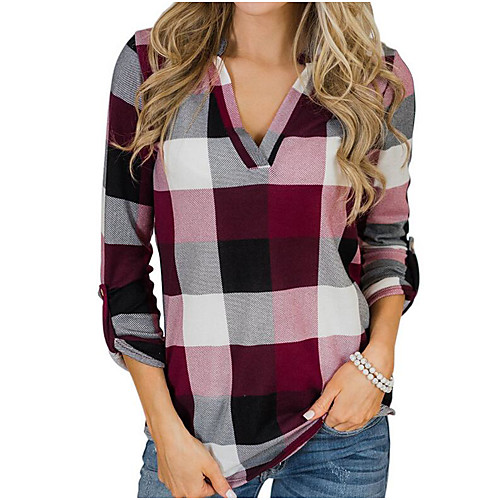 

Women's Shirt Color Block Long Sleeve Daily Tops Red Gray