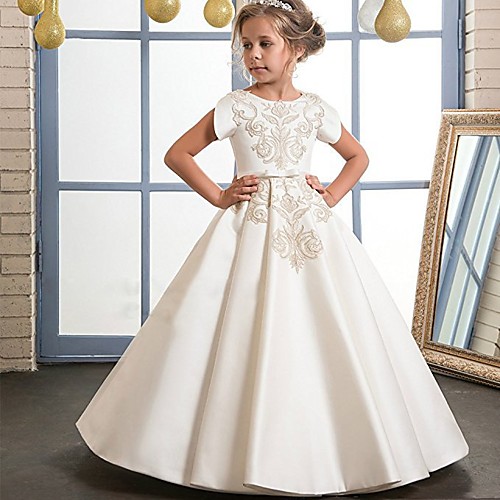 

Princess Floor Length / Long Length Wedding / First Communion / Pageant Flower Girl Dresses - Lace / Mikado Short Sleeve Jewel Neck with Buttons / Embroidery / Appliques