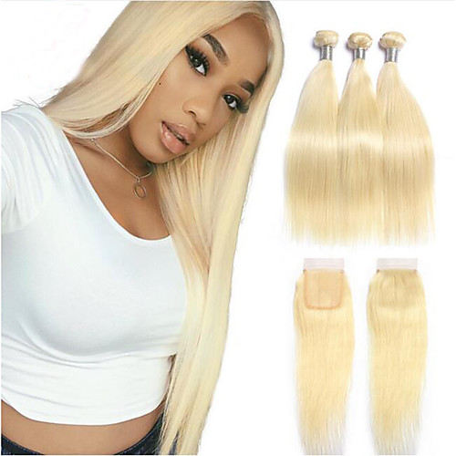 

4 Bundles Brazilian Hair Silky Straight Unprocessed Human Hair 450 g Hair Weft with Closure 30 Inches Blonde Human Hair Weaves Best Quality Thick Unprocessed Human Hair Extensions