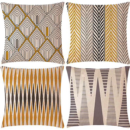 

Set of 4 Cotton / Linen Pillow Cover, Lines / Waves Patterned Geometic Geometric Patterned Throw Pillow