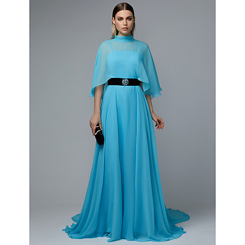 

A-Line Elegant & Luxurious Celebrity Style Prom Dress High Neck Sleeveless Court Train Chiffon with Sash / Ribbon Crystal Brooch 2021