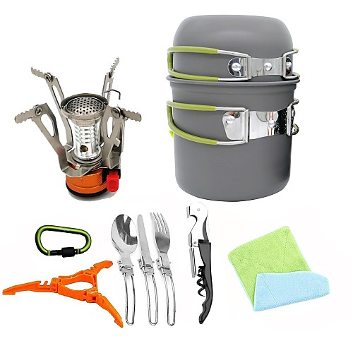 

ARDI Camping Cookware Mess Kit Camping Pot Dinnerware Set Pot Rack & Accessories Utensils Lightweight for 1 - 2 person Stainless steel Aluminium Alloy Outdoor Hiking Camping Green Orange