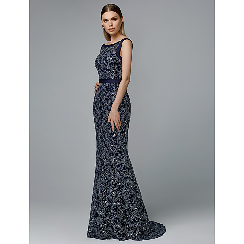 

Sheath / Column Sparkle & Shine Formal Evening Dress Boat Neck Sleeveless Floor Length Lace Sequined with Sash / Ribbon Sequin 2021