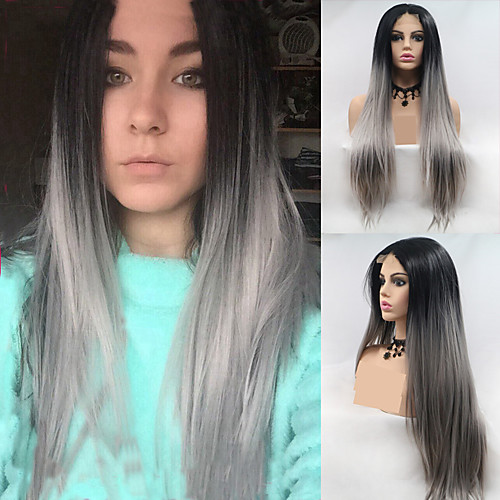 

Synthetic Lace Front Wig kinky Straight Layered Haircut Wig Long Grey Synthetic Hair 24 inch Women's Women Color Gradient Dark Gray Black Sylvia