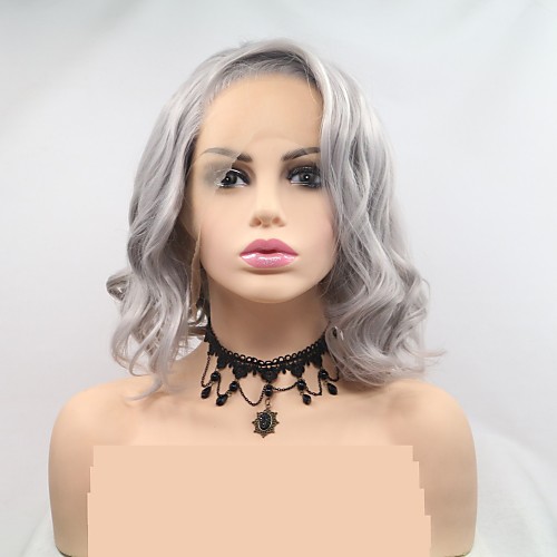 

Synthetic Lace Front Wig Deep Curly Layered Haircut Lace Front Wig Short Grey Synthetic Hair 12 inch Women's Women Dark Gray Sylvia