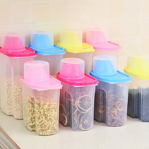 

1Pcs Kitchen Organizer Food Cereal Container Grain Bean Rice Holder Plastic Storage Container Sealed Box With Measuring Cup Random Color