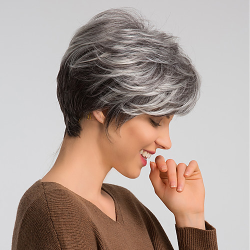 

Human Hair Wig Short Natural Straight Pixie Cut Dark Gray Mixed Color Fashionable Design Easy dressing Comfortable Capless Women's Dark Wine Black Grey Beige Blonde Bleached Blonde 8 inch pixie cut