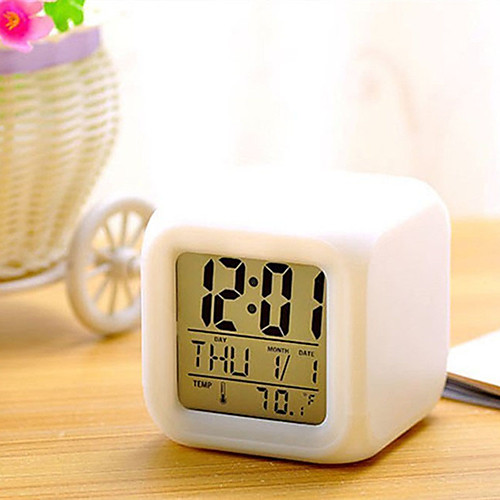 

7 Colors LED Changing Digital Alarm Clock Desk Thermometer Night Glowing Cube LCD Clock