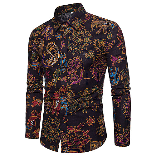 

Men's Paisley Tribal Print Shirt - Linen Vintage Spread Collar Black / Long Sleeve