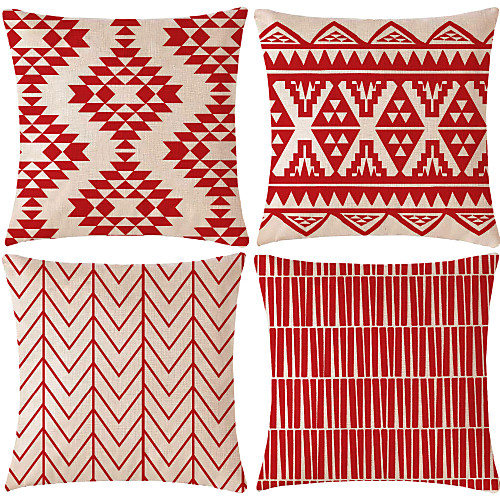 

Set of 4 Cotton / Linen Pillow Cover, Lines / Waves Patterned Geometic Geometric Patterned Throw Pillow