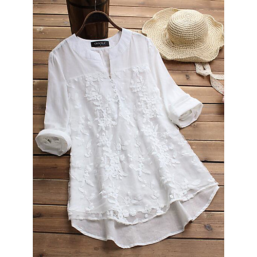 

Women's Blouse Shirt Solid Colored Long Sleeve Lace Layered Button Round Neck V Neck Tops Loose Casual Basic Top White Purple Yellow