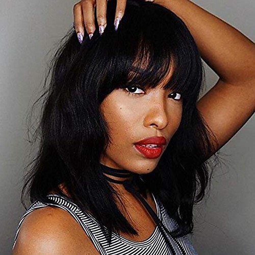

Synthetic Wig Bouncy Curl With Bangs Wig Medium Length Black#1B Synthetic Hair 12inch Women's New Black