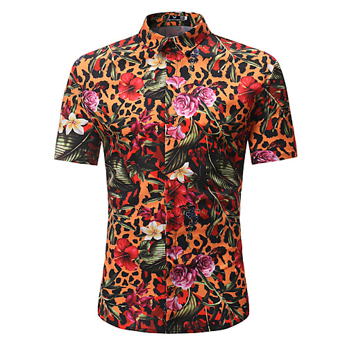 

Men's Floral Leopard Print Shirt Street chic Punk & Gothic Work Club Rainbow / Color Block / Short Sleeve