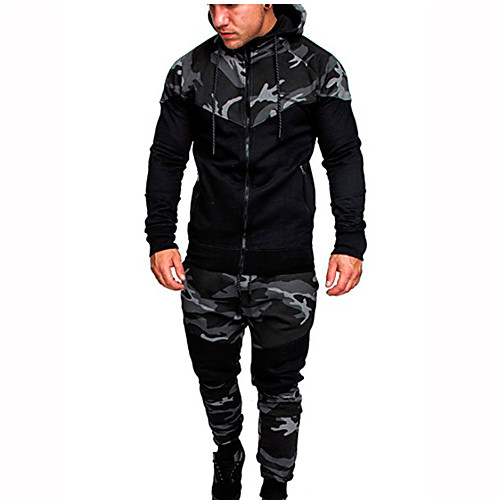 

Men's Activewear Set / Hoodie Camo / Camouflage Hooded Basic Long Sleeve Army Green Light gray Dark Gray M L XL XXL XXXL