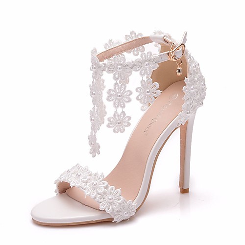 

Women's Lace / PU(Polyurethane) Spring & Summer Sweet Wedding Shoes Stiletto Heel Peep Toe Imitation Pearl / Buckle / Tassel White