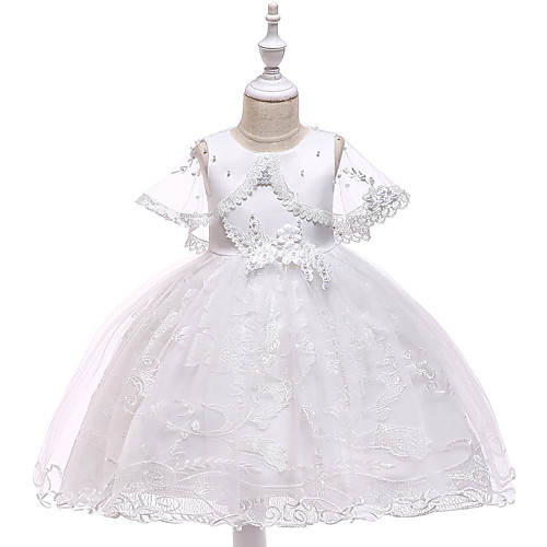 

Princess Medium Length Wedding / First Communion Flower Girl Dresses - Lace / Tulle / Mikado Sleeveless Jewel Neck with Pearls / Appliques / Bandage