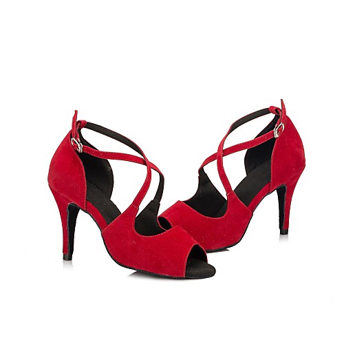 

Women's Dance Shoes Suede Latin Shoes Splicing Heel Slim High Heel Customizable Black / Red / Blue / Performance / Leather