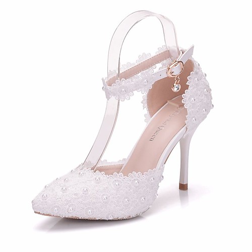 

Women's Lace / PU(Polyurethane) Spring & Summer Sweet Wedding Shoes Stiletto Heel Pointed Toe Pearl / Buckle White